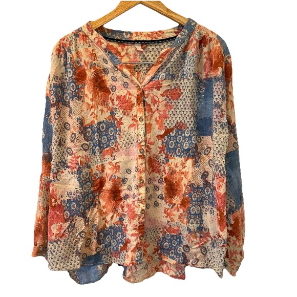 Anthropologie Tops - Anthropologie Patchwork Floral Button-Down Blouse in Blue, Rust, Cream